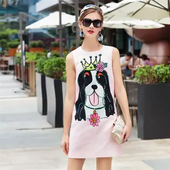 

Summer Dress 2018 High Quality Women Designer Runway O- Neck Sleeveless Jacquard Puppy Printed Beading Casual Dresses NPD0710N
