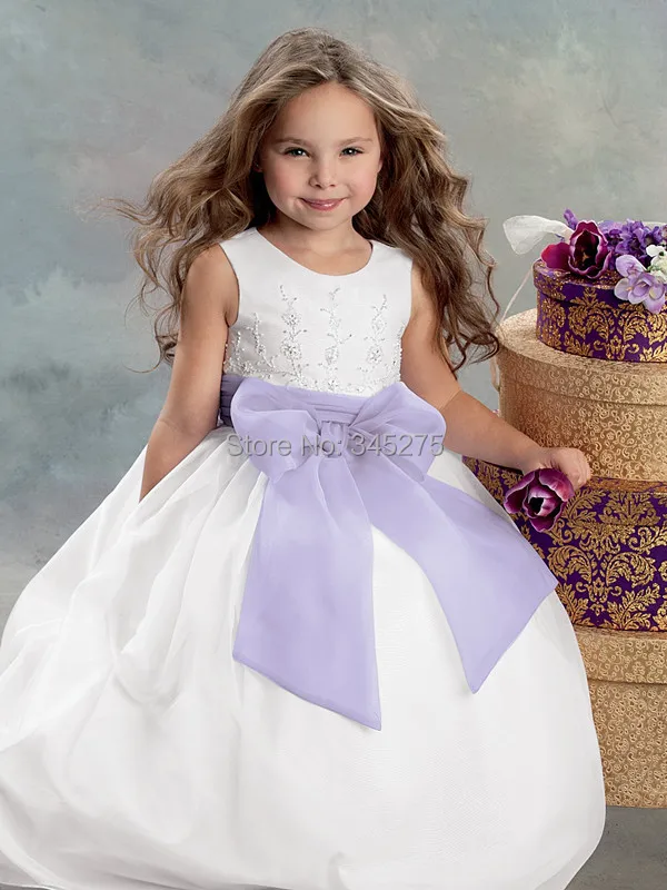 2014 lovely organza beading lilac big bow sash ball gown white baby flower girl dress jewel long