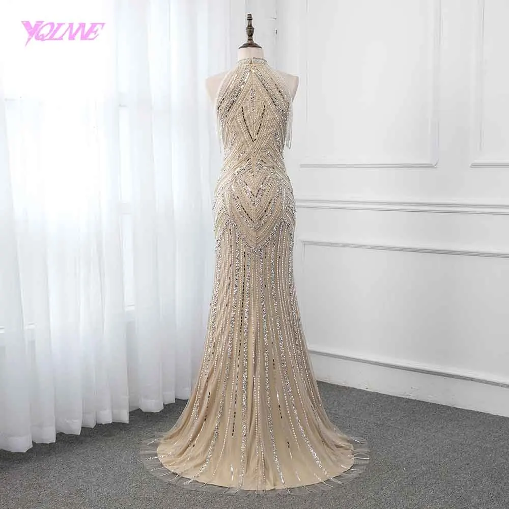 YQLNNE Champagne Crystals Evening Dress Long Pageant Dresses Mermaid Evening Gown Competition