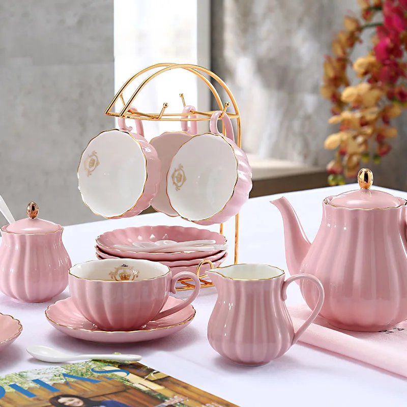 

Brief British Bone China Pumpkin Stripe Drinkware Ceramic Coffee Cup Mug with Milk Teapot Saucer Spoon Gold Plated Shelf Kit Set