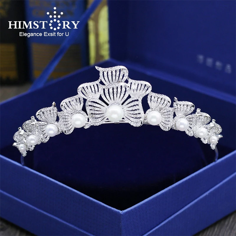 

Himstory Top Quality Luxurious Sliver AAA Cubic Zircon Pearls Brides Crown Tiara Zircon Wedding Hair Accessories Girls Hairwear
