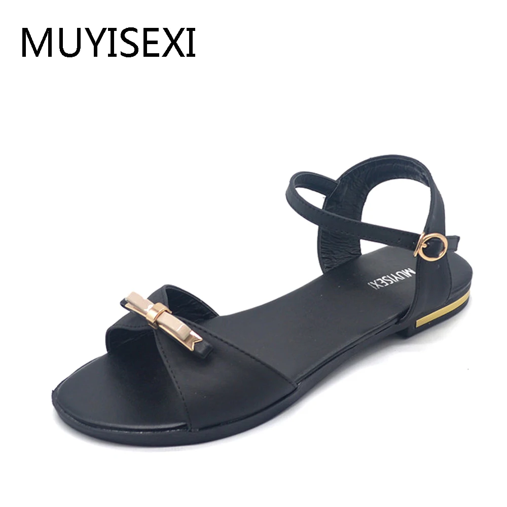 

Summer Women Genuine Leather Flip Flops Butterfly-knot Flat Sandals Ladies Buckle Strap Slippers plus size 33-43 YG06 MUYISEXI