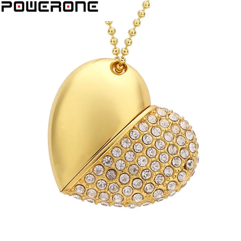 POWERONE кристалл алмаз сердце с цепочкой Подвеска USB флэш-накопитель 64 ГБ 16 ГБ 32 ГБ USB 2,0 ожерелье карта памяти подарки