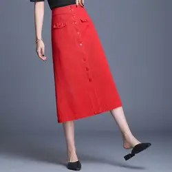 Красная однобортная джинсовая юбка Женская Корейская Высокая талия черные длинные джинсовые юбки Женская линия миди ковбойские юбки плюс