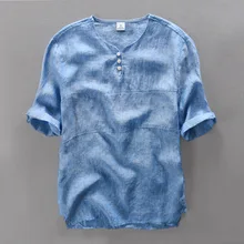 Удобные и дышащие свободные чистые мужские льняные рубашки с коротким рукавом без воротника льняная Летняя мужская рубашка бренд Camisa masculina