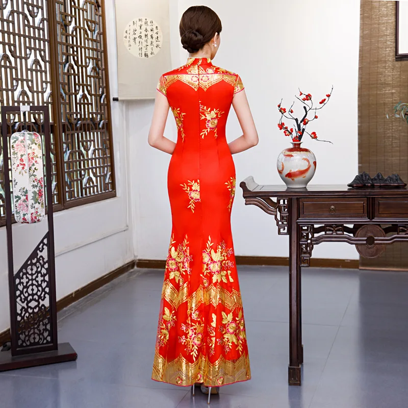 Красный вышивка Cheongsam Сексуальные платья Qipao длинный китайский традиционный свадебный платье восточные Свадебные платья с коротким рукавом QLX