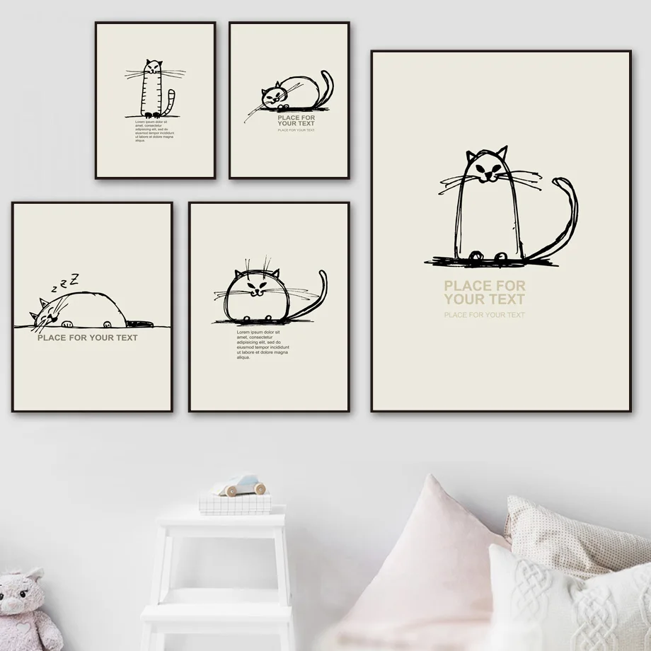 Cartoon Katze Zitate Wand Kunst Leinwand Malerei Nordic Minimalismus Poster Und Drucke Tiere Wand Bilder Baby Kinderzimmer Home Decor in Cartoon Katze