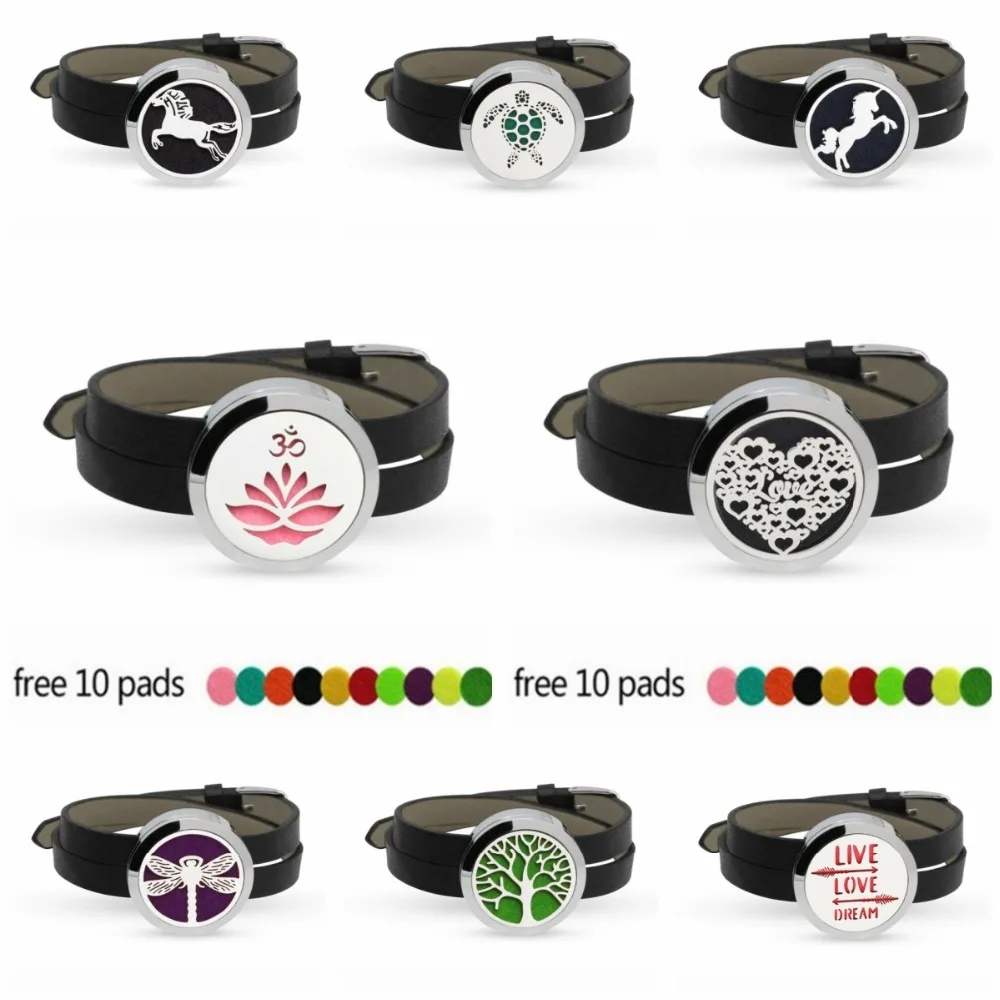 

Heart Love Dragonfly Tortoise Flower Stainless Steel Essential Oil Aroma Perfume Diffuser Bracelet With Leather Band 10pcs Pads