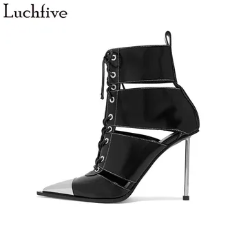 

Luchfive Cross-Tied Spring Summer Ankle Boots For Women Genuine Leather Hollow Lace-Up High Heels Motorcycle Autumn Shoes 2019