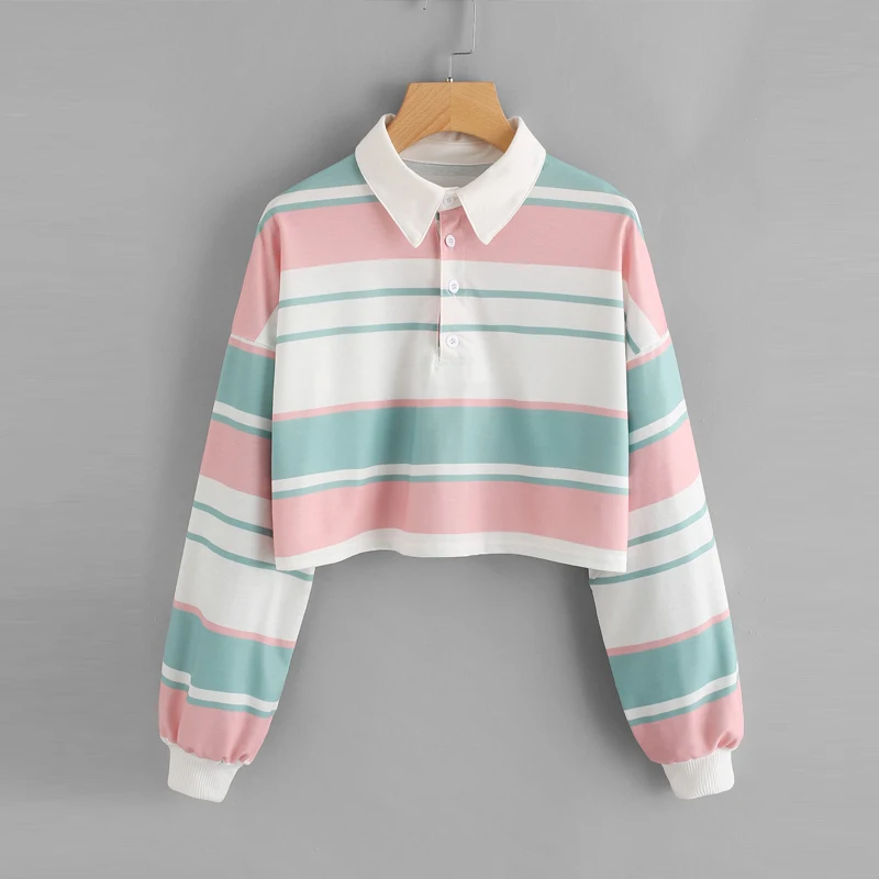 

Autumn Winter Sweatshirt Short 2018 Women Striped Turn-down Collar Thin Female Pullovers Crop Hoodies