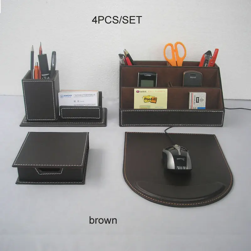 4PCS/set wooden PU leather office desk stationery organizer pen holder