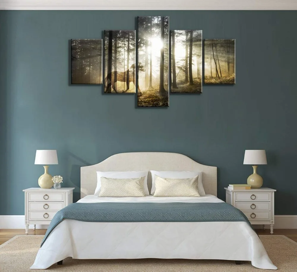 5 Panel Poster Large Printed Oil Painting Forest Horse Canvas Print Home Decorativve Wall Art Pictures For Living Room | Дом и сад