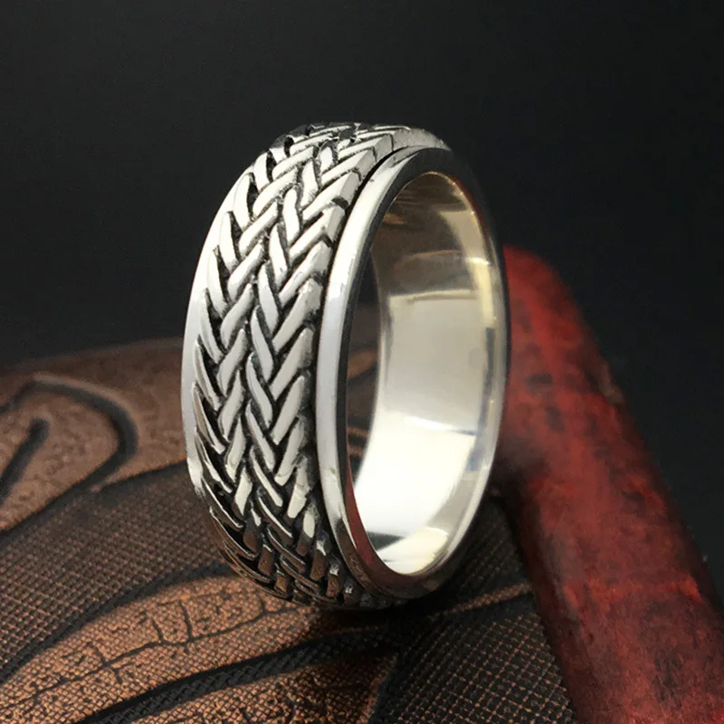 Тканое дизайнерское кольцо-Спиннер для мужчин, Настоящее 925 пробы, серебряное кольцо, простой стиль, Крутое мужское ювелирное изделие, ротационная лента, подарочная коробка