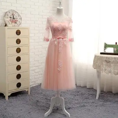Розовое шифоновое свадебное платье подружки невесты, сексуальное кружевное длинное платье с цветами, элегантное тонкое вечернее платье принцессы, платье Чонсам Vestidos - Цвет: Pink Mid