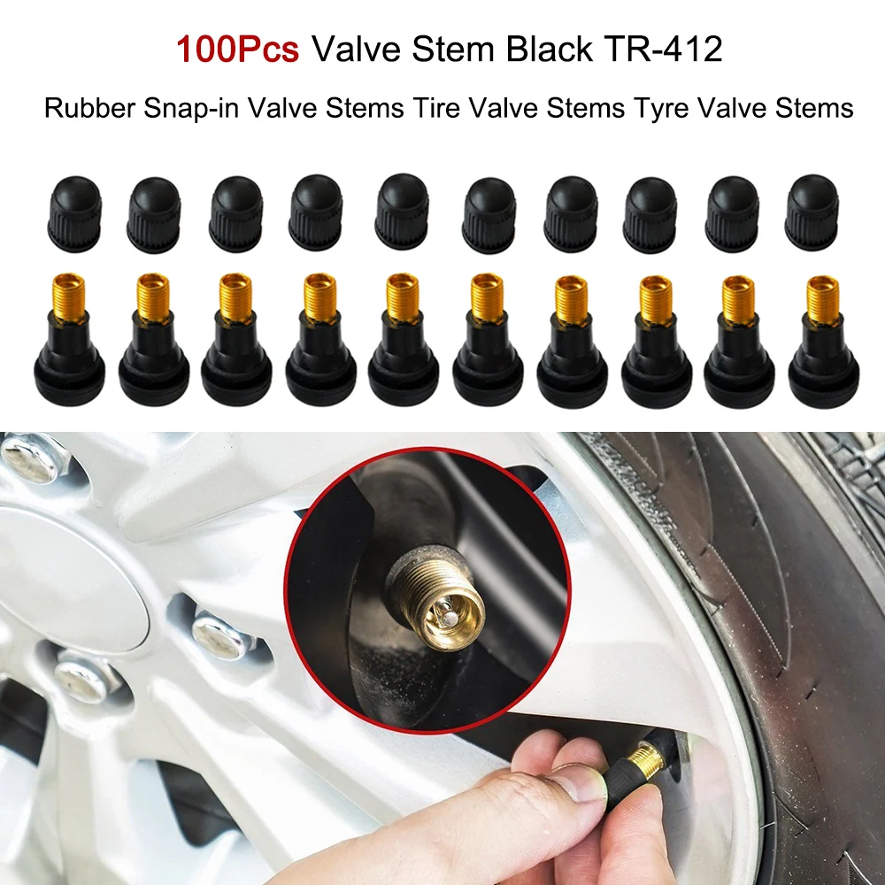 

100Pcs Brass and Ozone-resistant Rubber Valve Stem Black TR-412 Rubber Snap-in Valve Stems Tire Valve Stems Tyre Valve Stems