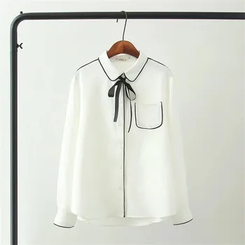 

Autumn Spring Women Black White Shirt Long Sleeve Sweet Boutique Shirts Plus Size Peter Pan Collar Cute Big Bow Tie Tops Blouse