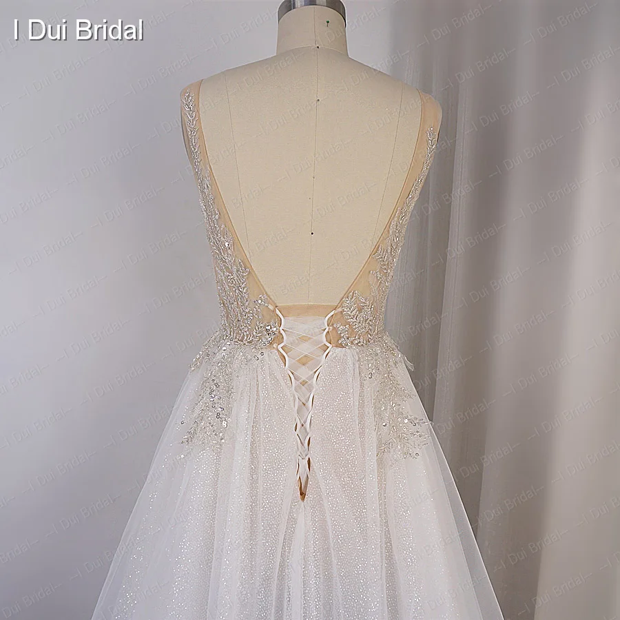 Блестящий тюль свадебное платье с разрезом ноги Бохо глубокий v-образный вырез линия свадебное платье