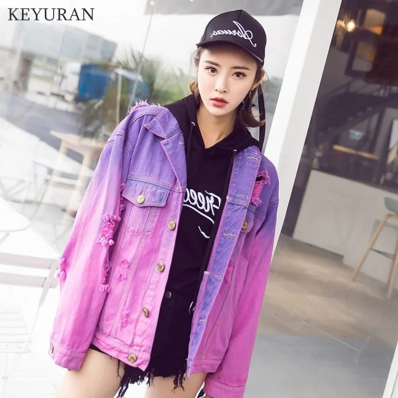 

Harajuku Street Style Ombre Wash Loose Oversized Frayed Denim Jacket For Women Faded Purple Jeans Jacket Grunge veste femme