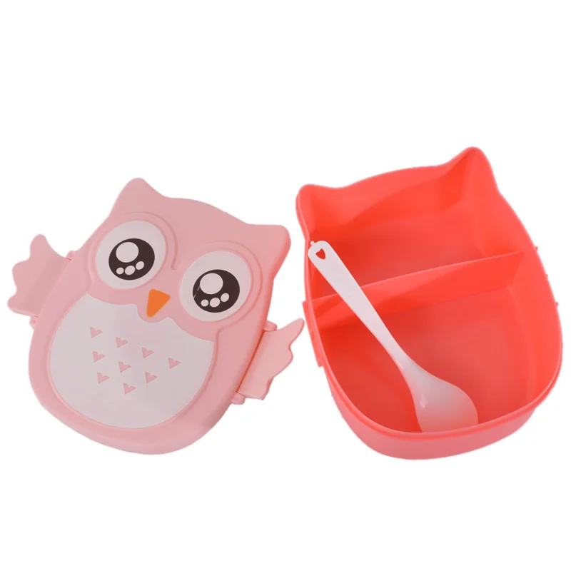 1Pcs Portble Plastic Kids Cute Owl Food Container Lunch Box PP Food Storage Box Portable Purple Pink and Blue 15.5x14x6.6cm