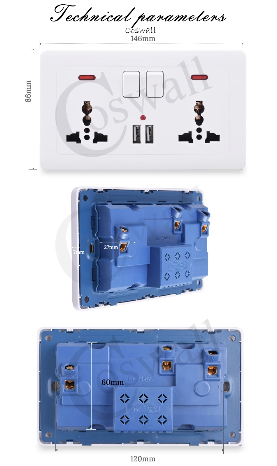 Coswall настенная розетка 2 комплекта Универсальная 3 отверстия переключаемая розетка с неоновым 2.1A двойной usb-порт для зарядки светодиодный индикатор 146 мм* 86 мм