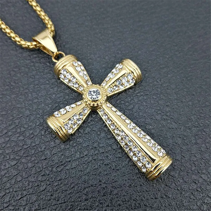

Hip Hop Titanium Stainless Steel Full Pave Rhinestone Iced Out Bling Male Gold Color Cross Pendants Necklaces for Men Jewelry