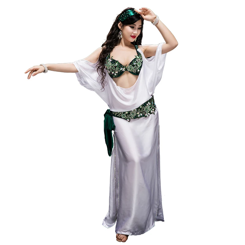 New high grade Professional Performance Dancewear bra+dress+belt+headscarf+shorts 5pcs Outfit Women Bellydance Costume YC040