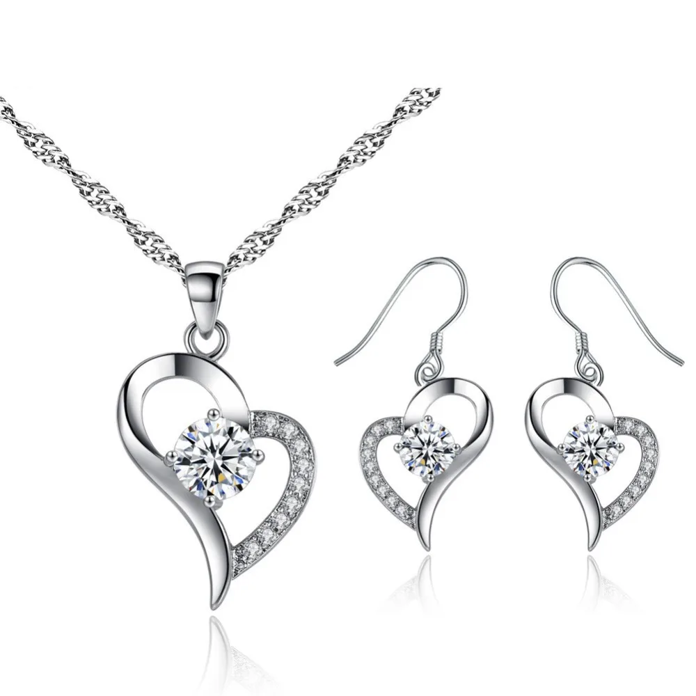 2015 New Silver Plated Cubic Zirconial Heart Shape Fashion Costume Jewelry Sets for Women Wedding Necklace Earrings | Украшения и