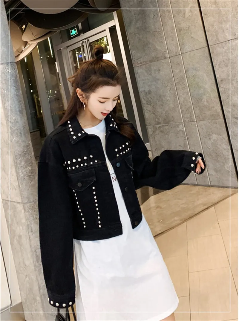 2019 новые весенние Oversize джинсовая куртка, корейское производство Harajuku пиджаки модные короткие Твердые Bomber Заклепки джинсовая куртка