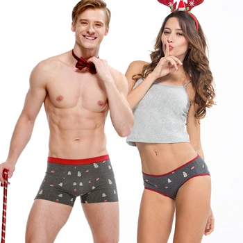 

QIZXIM 100% Cotton Underwear Gray Print Lovers Panties Men Boxers Women Boyshorts Couple Underwear Lovers Valentine's Christmas