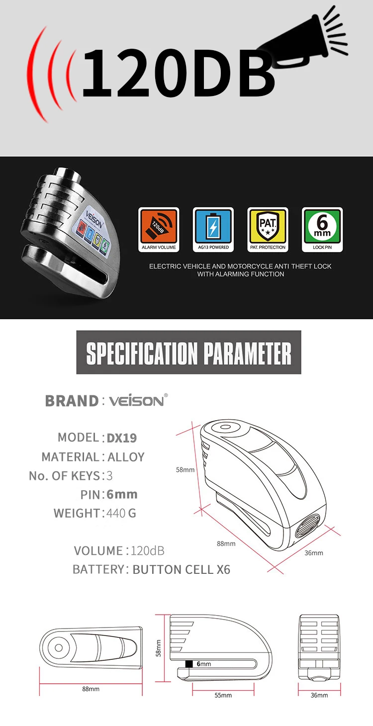 VEISON мотоцикл Водонепроницаемый Противоугонный 120dB замок для дисков Предупреждение безопасности Противоугонный тормоз ротора замок Alarma Moto