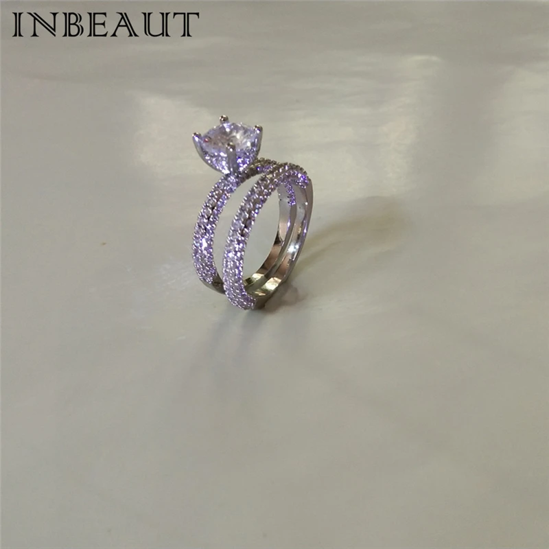 INBEAUT, дизайнер, сверкающий бриллиантовый камень, обручальные кольца, S925 штамп, AAA, идеальная огранка, круглое циркониевое кольцо, набор для женщин, Femmes