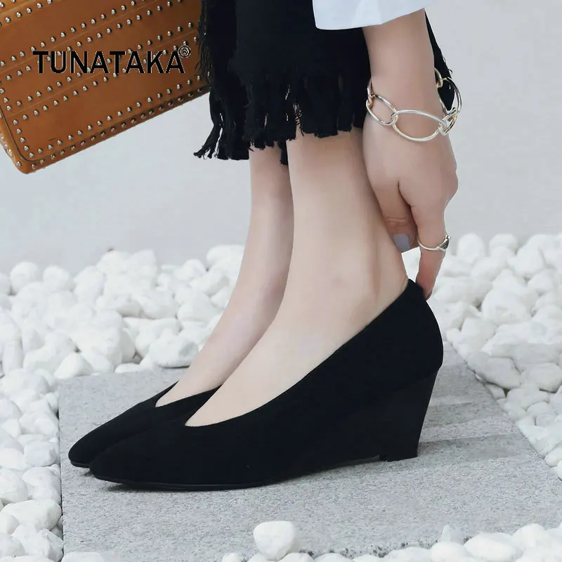 

Suede Comfort Wedges Heel Woman Lazy High Heel Shoes Fashion Pointed Toe Dress Pumps Woman Black Khaki