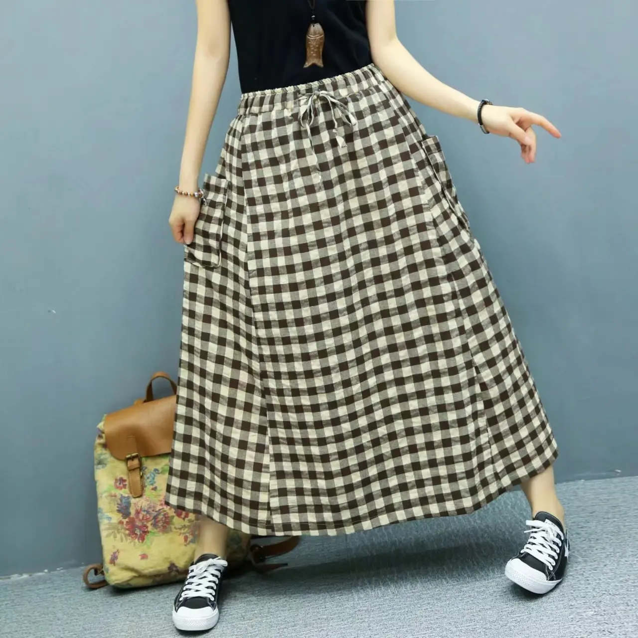Summer Skirt Women Elastic Waist Loose Skirt pocket Plaid bowtie Mori girl New Ladies Casual