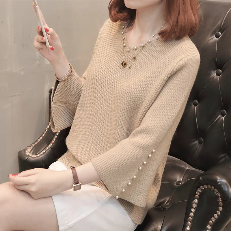 

Mr.nut spring and autumn new loose solid color pullover sweater female trumpet sleeve beaded long-sleeved knit bottoming shirt