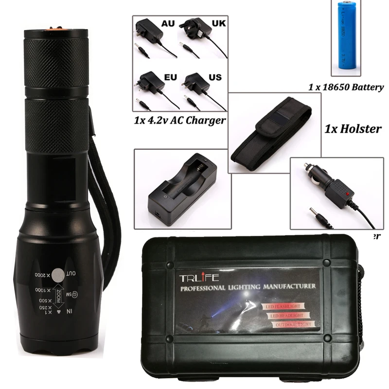 

6000 Lumens Flashlight CREE XM-L2/T6 Torch High Power Adjustable LED Flashlight +DC/Car Charger+18650 Battery+Holster Holder