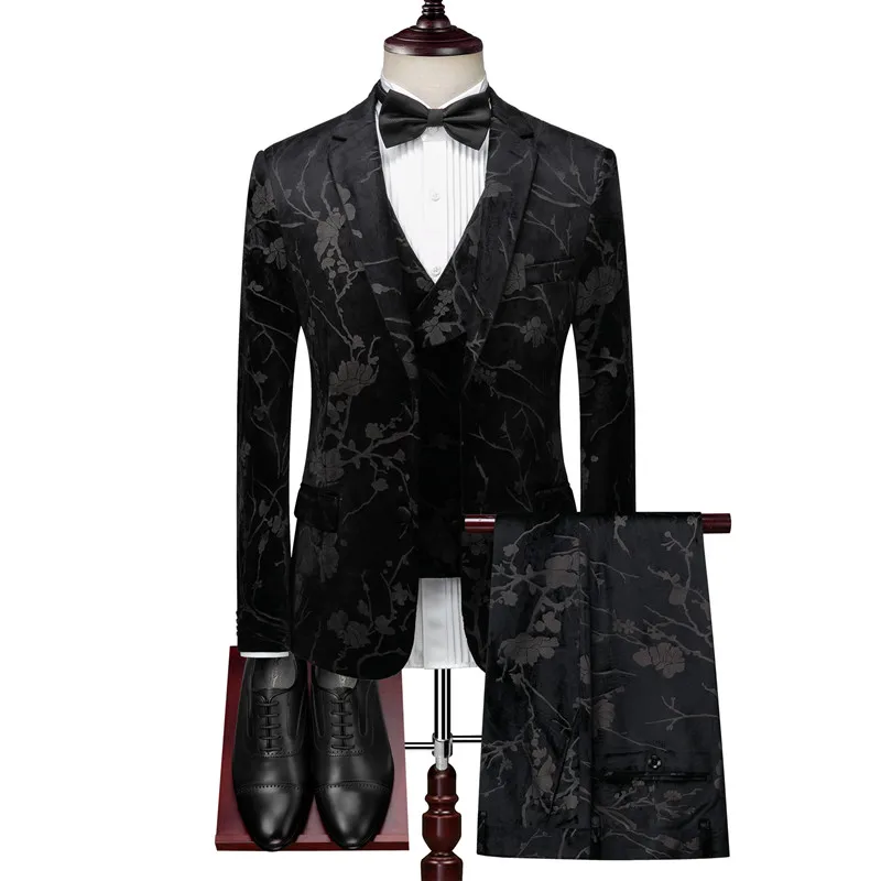 

2019 velvet warm print Slim high-end banquet party dress suit three-piece autumn and winter thick blazer (coat + vest + pants)