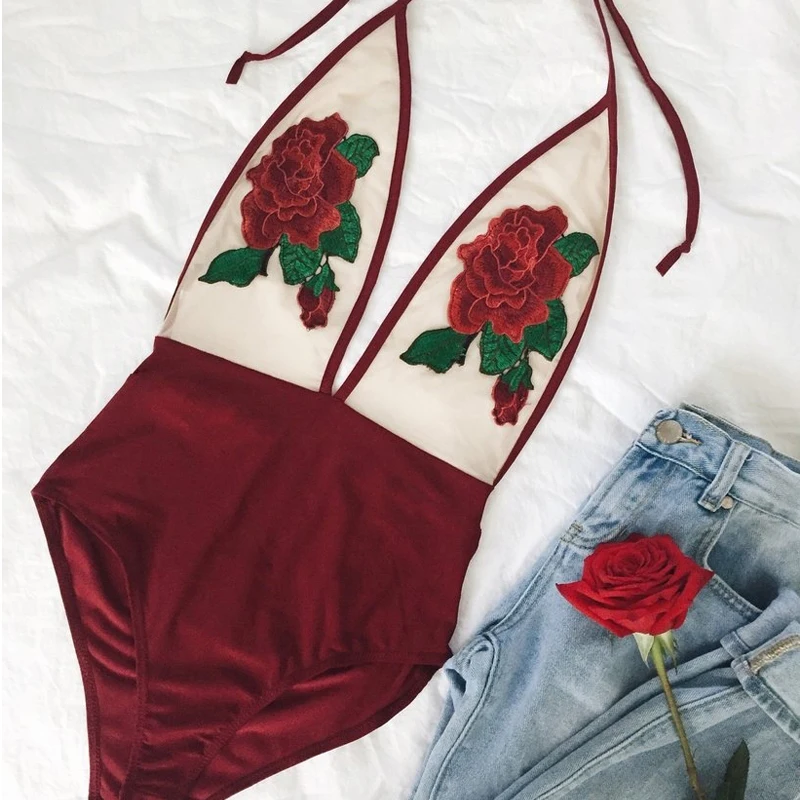 Sexy Rose Embroidery Overalls See Through Beach Bodysuits Women stretch Jumpsuit Halter Rompers 2018 Summer Swimsuit red wine