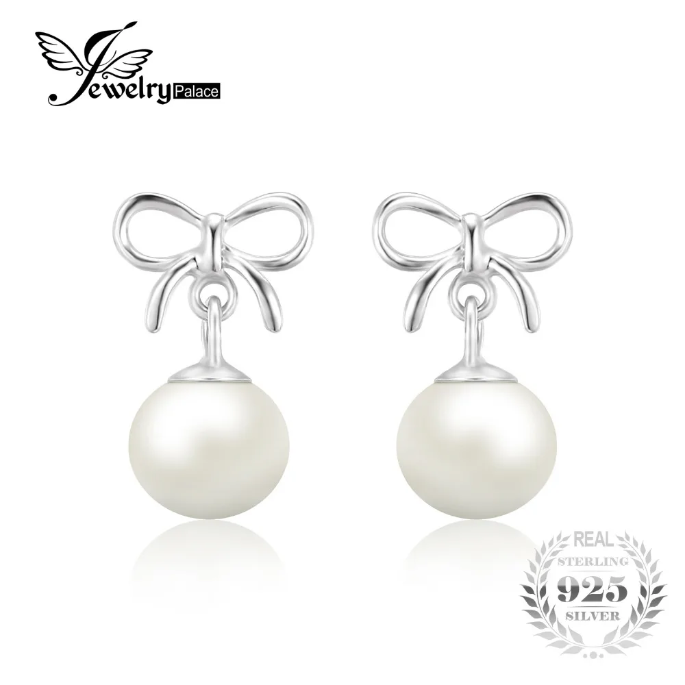 

JewelryPalace Bowknot Teardrop Round 8mm Freshwater Cultured Pearl Dangle Earrings 925 Sterling Silver Fine Jewelry For Women
