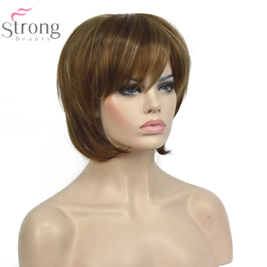 StrongBeauty Women Bob Style Short Straight Wig Brown with Blonde Highlights Synthetic Natural Full Wigs