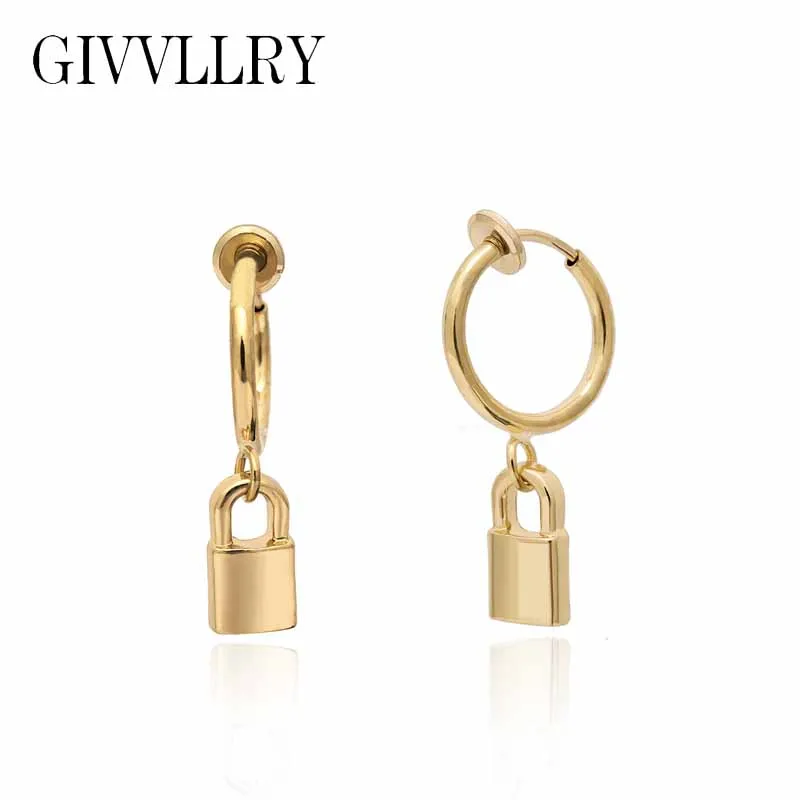 

GIVVLLRY Minimalist Hoop Earrings for Women Elegant Bassic Gold Silver Lock Pendant Small Circle Round Earrings Fashion Jewelry