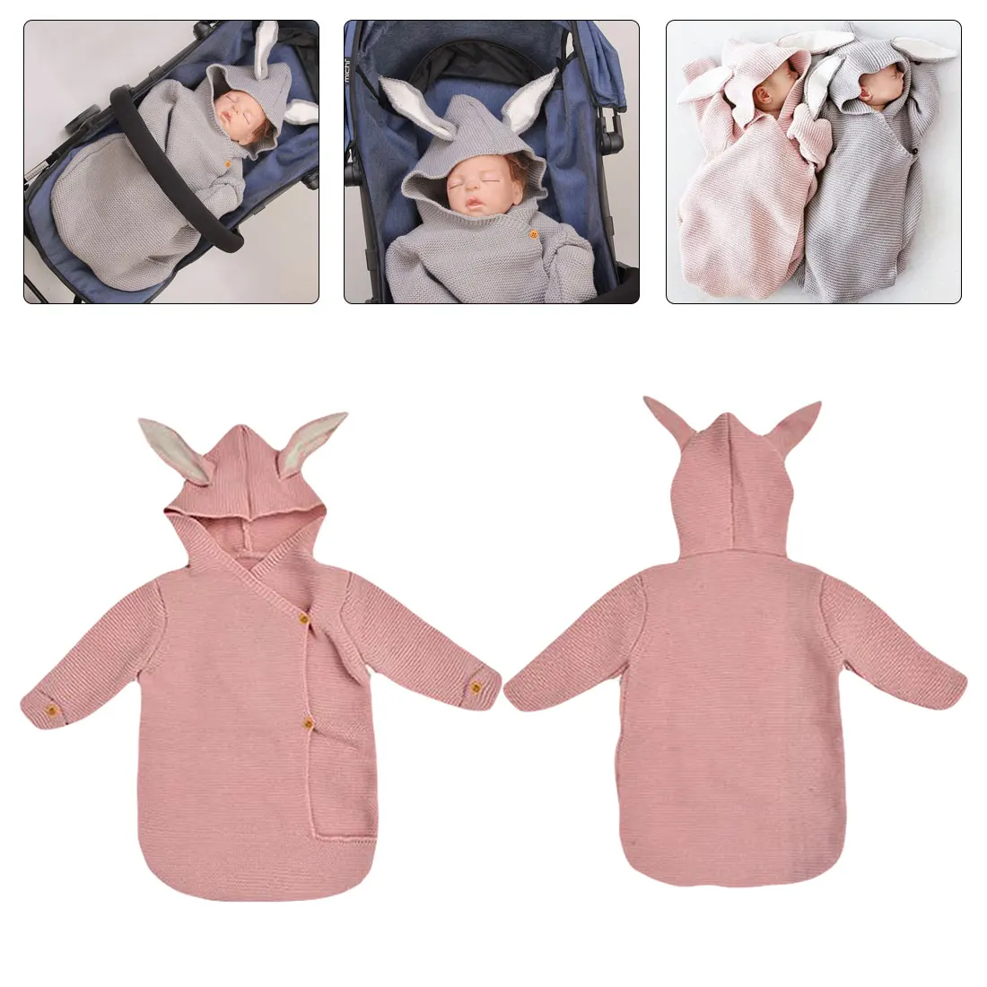 

Trendy Newborn Baby Hooded Blanket Cartoon Rabbit Ear Swaddling Infant Sleeping Bag Soft Solid Wrap Knitted Photography Prop