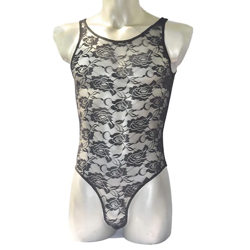 Men's Sexy Lingerie Sheer Lace Teddies Tank Top Sissy Costume See Through Bodysuit Unitard Leotard underwear men brand