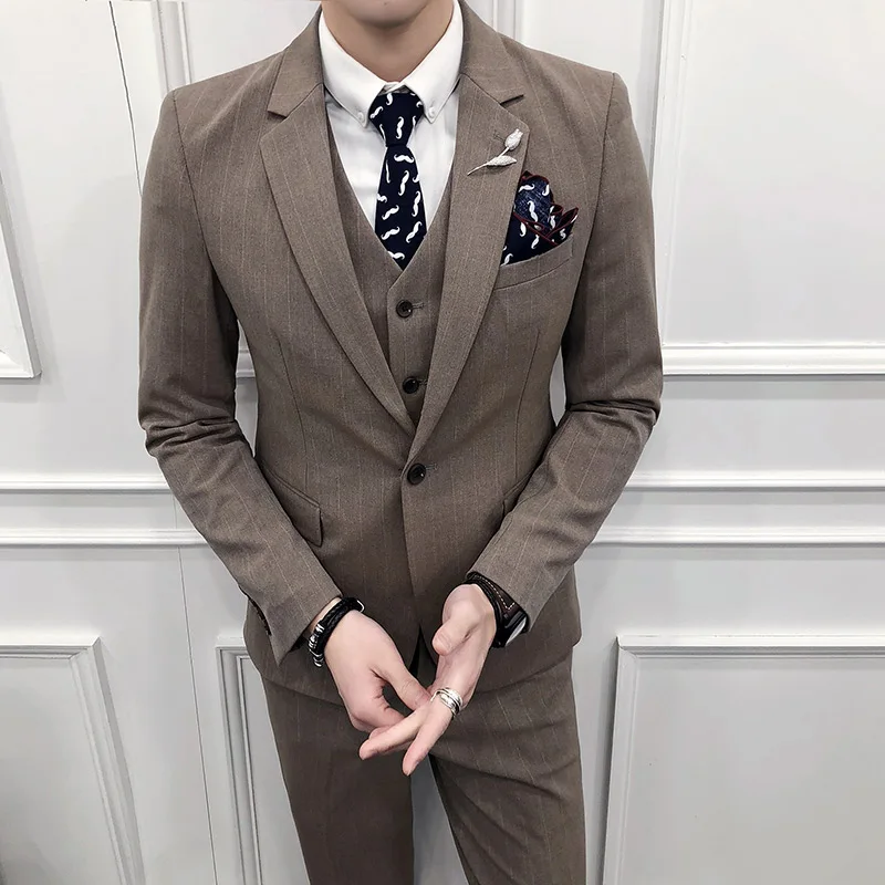 ( Jackets + Vest + Pants ) 2018 New High-end Brand Striped Formal Business Suit 3 Sets / Men's Wedding Dress Groom Striped Suits