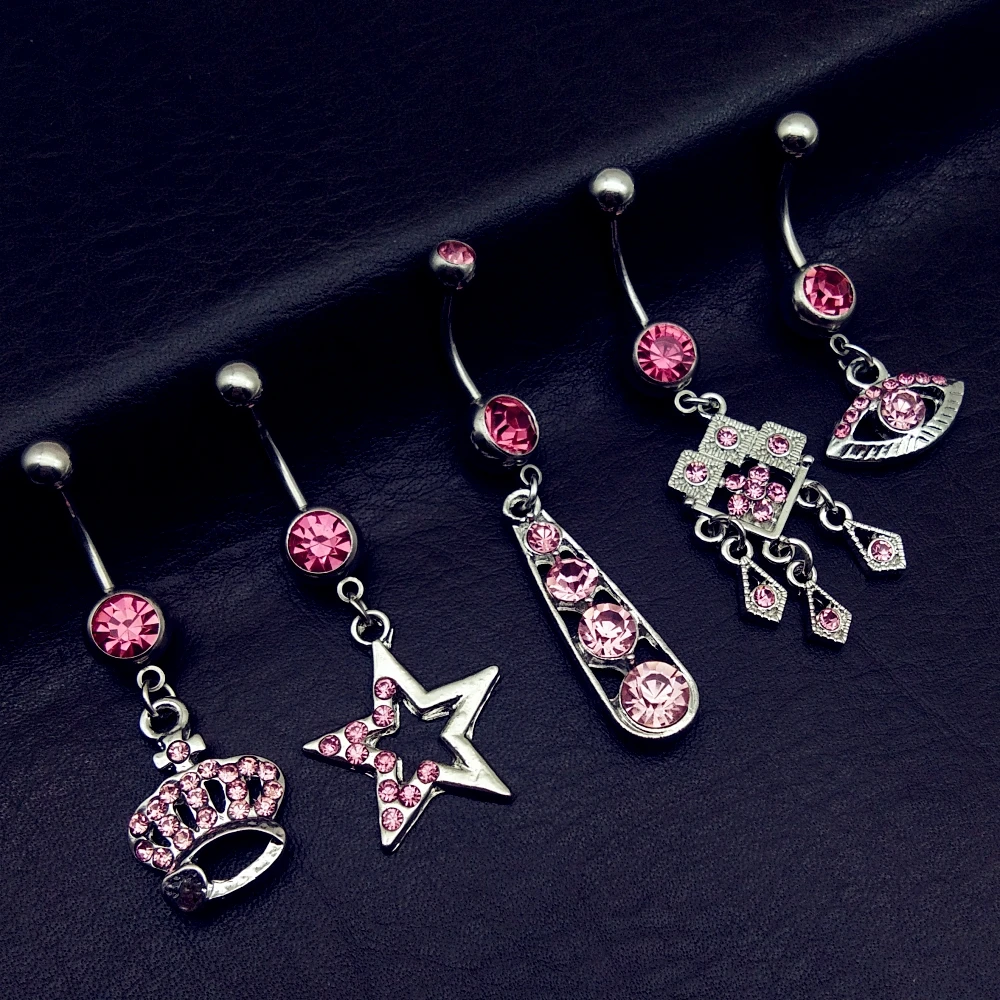

5pcs 2019 new arrivals pink big gem star crown Evil eye tassel dangling navel belly bar button rings body piercing jewelry