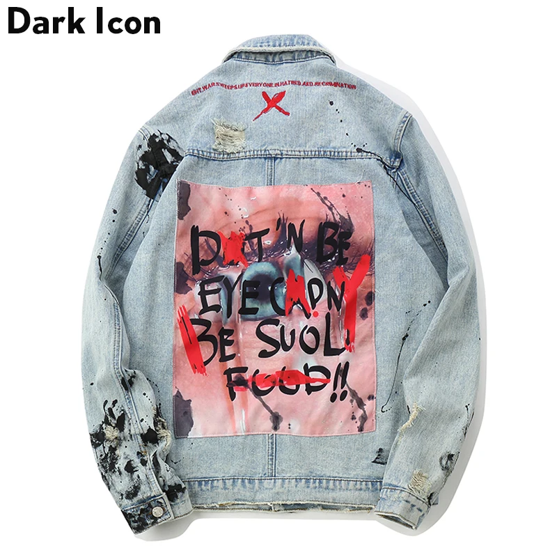 Мужская джинсовая куртка DARK ICON, повседневные джинсы в стиле хип-хоп с аппликацией граффити, 2019 Мужская джинсовая куртка DARK ICON, повседневные джинсы в стиле хип-хоп с аппликацией граффити, 2019