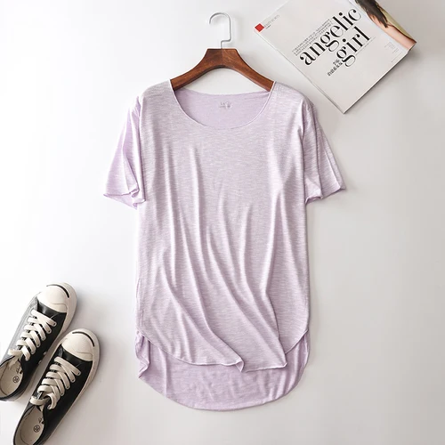 Летняя фитнес новая хлопковая футболка с коротким рукавом Harajuku Свободная модель женская повседневная с круглым вырезом тонкая модная женская футболка RE2403 - Цвет: Light Purple