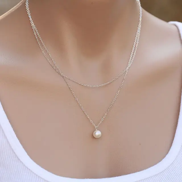 Women Sliver Gold Double Chain Necklace Charm Pendant Pearl Necklace