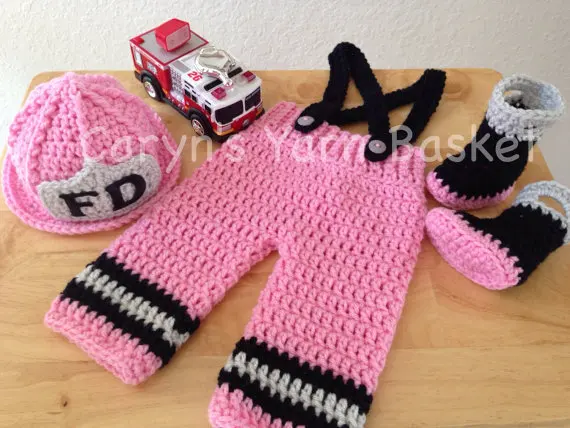 

Free shipping Baby pink firefighters hat,boots with matching Pants baby sets.newborn crochet Photography Props 100% cotton