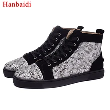 Hanbaidi Runway High Top Lace Up Mens Casual Shoes Luxury Brand Flock Rhinestone Mens Loafers Tenis