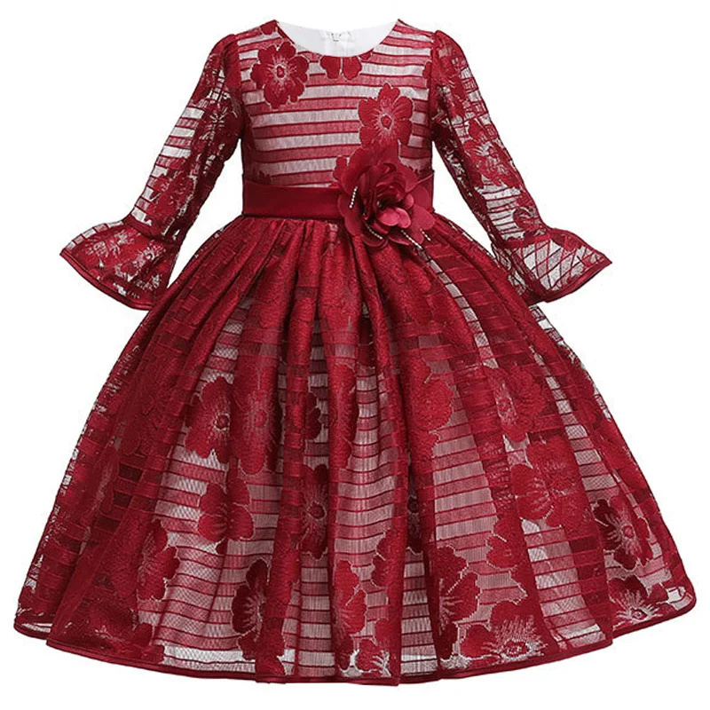 

High Quality Elegant Girls Dress Girl Birthday Party Dresses Long sleeve lace princess dress Wedding flower girl